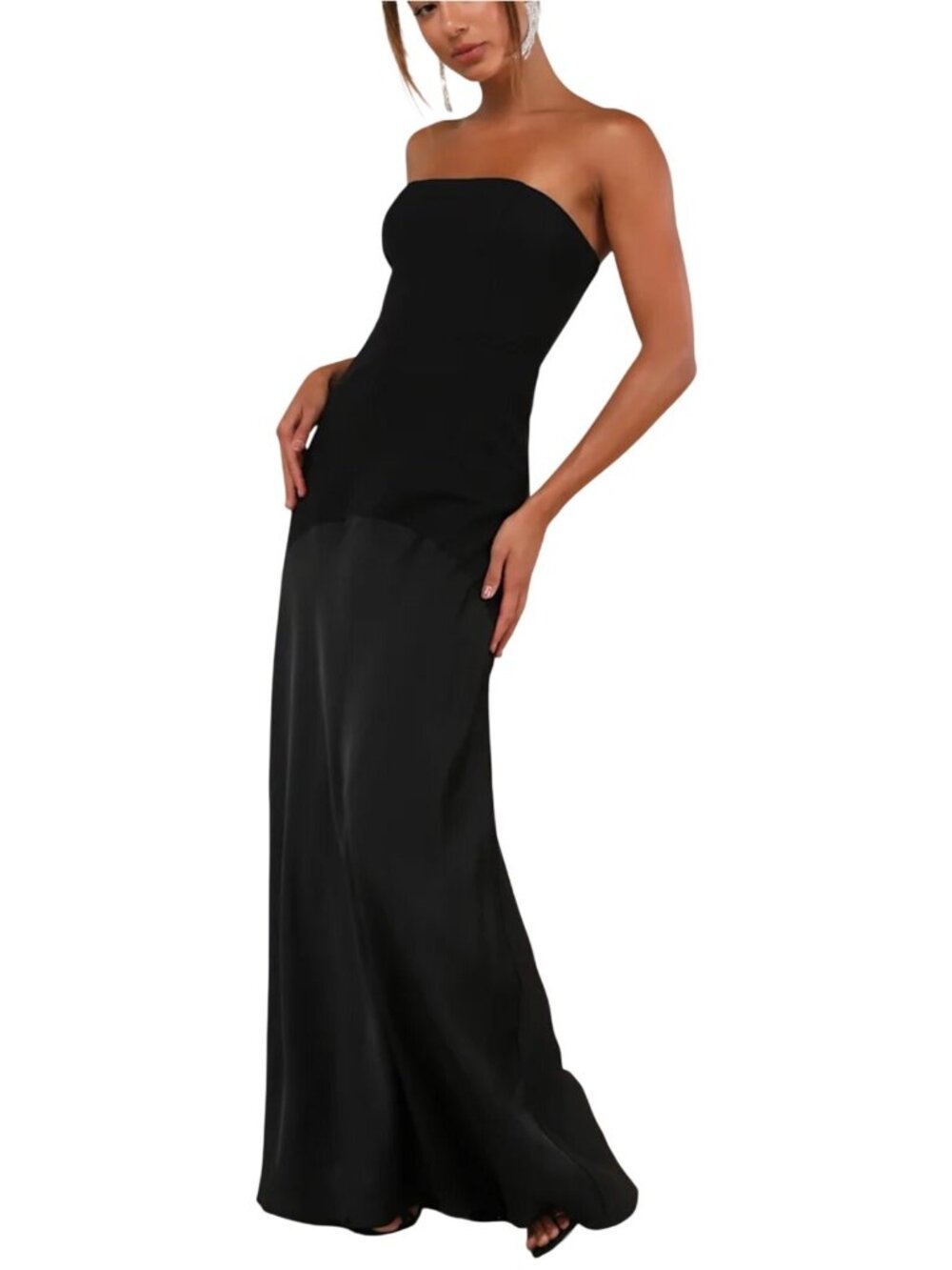 Lulus Compelling Style Black Strapless A-Line Maxi Dress Sz LG Drop Waist Formal